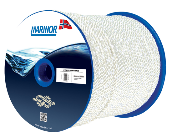 Synketau på spole. Hvit - Polyester mix 10 mm. 140 mtr. Marinor